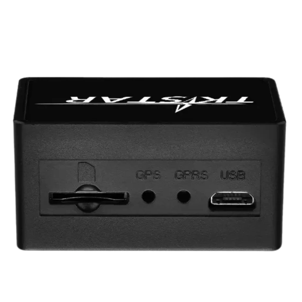 Localizador GPS TKSTAR TK816 4G para porta OBD2 em caixa preta compacta, com slot SIM, LEDs indicadores GPS e GPRS e porta micro USB na frente