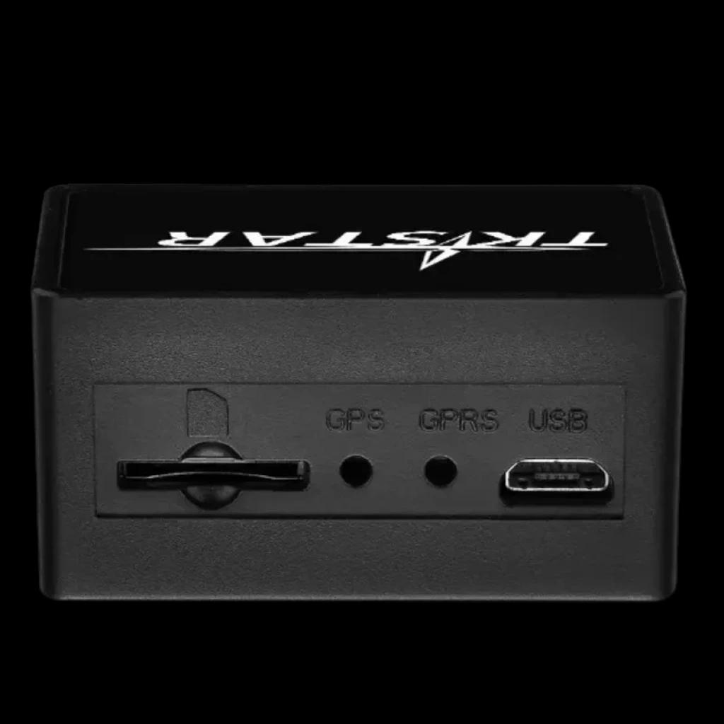 Localizador GPS TKSTAR TK816 4G para porta OBD2 em caixa preta compacta, com slot SIM, LEDs indicadores GPS e GPRS e porta micro USB na frente