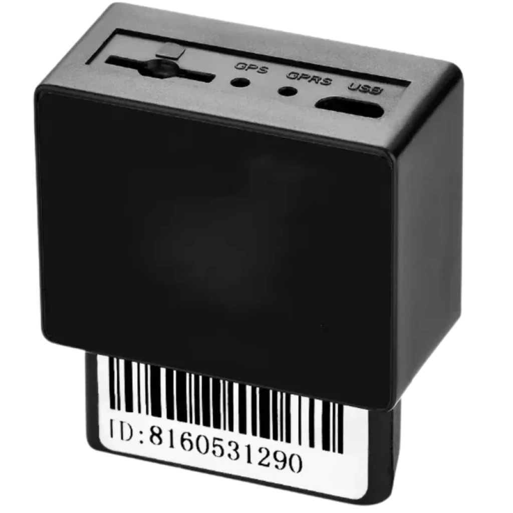 Localizador GPS TKSTAR TK816 4G para porta OBD2, compacto em plástico preto, LEDs de status GPS e GPRS, porta USB e etiqueta com ID/ código de barras