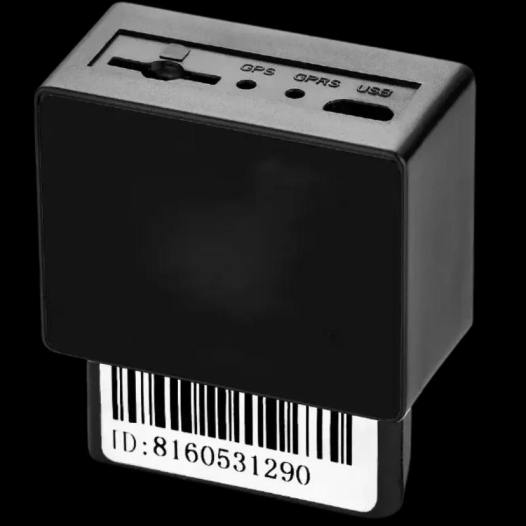 Localizador GPS TKSTAR TK816 4G para porta OBD2, compacto em plástico preto, LEDs de status GPS e GPRS, porta USB e etiqueta com ID/ código de barras