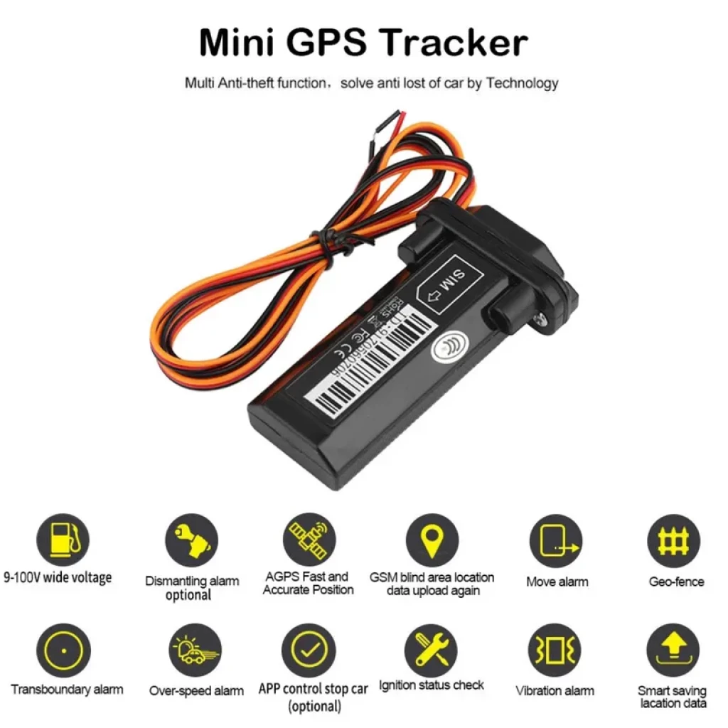 Traceur GPS SinoTrack ST-901 compact, boîtier noir IP67, câble multicolore, étiquette code-barres, indicateurs latéraux, conçu pour suivi véhicule