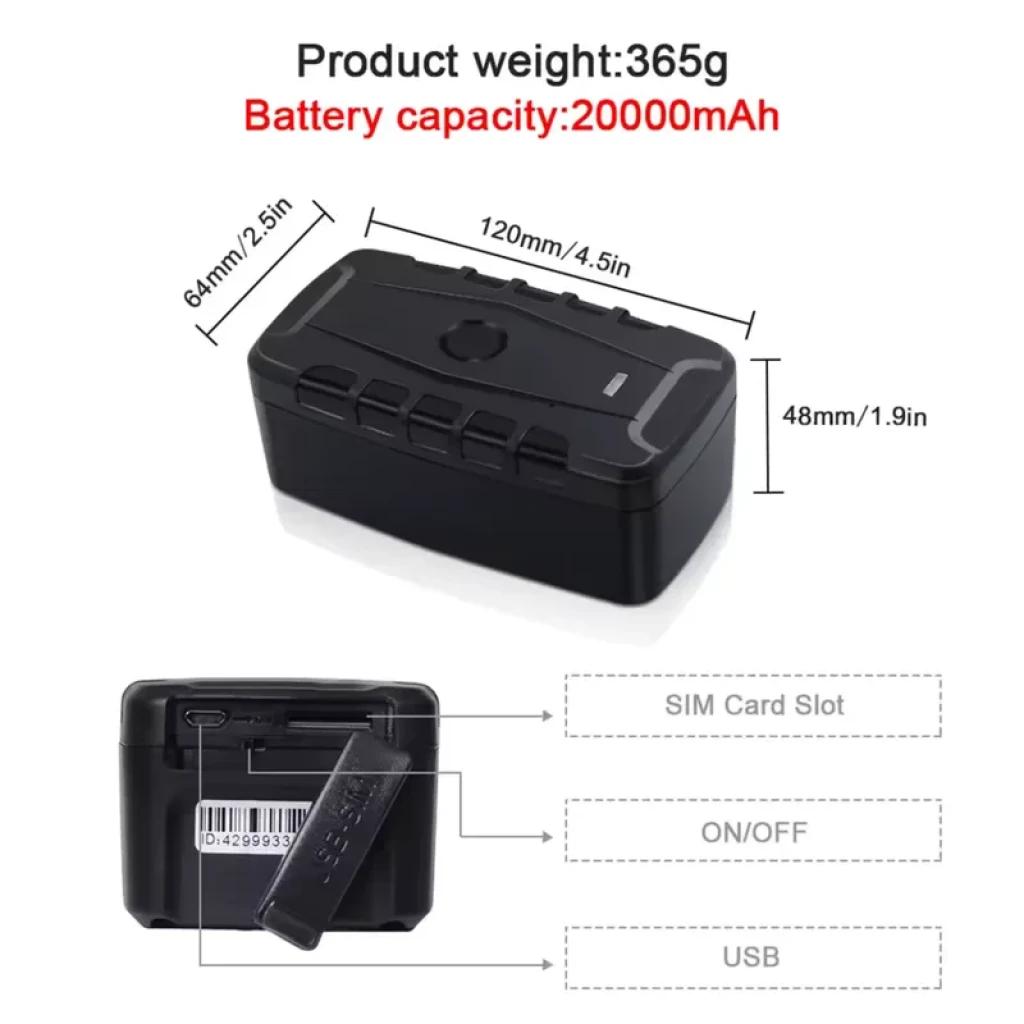 Traceur GPS compact noir avec boîtier magnétique, 120×64×48 mm, indicateur LED, emplacement carte SIM, bouton ON/OFF et port USB, batterie 20000 mAh