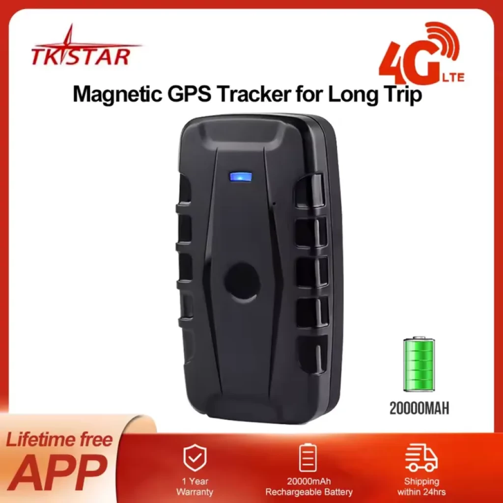 TKSTAR TK918 tracker GPS 4G noir, boîtier robuste avec LED bleue, aimant puissant, indicateur batterie 20000 mAh, adapté aux longs trajets en voiture
