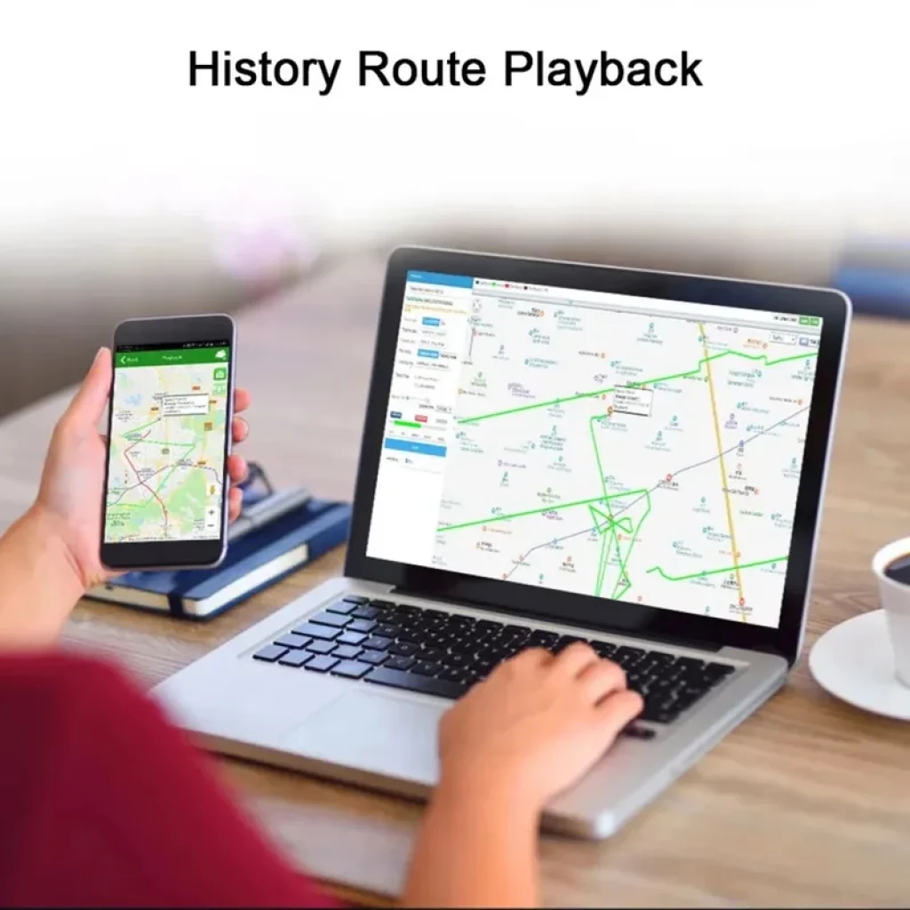 TKSTAR TK905C 4G muestra reproducción de rutas históricas en laptop y smartphone, mapas con trayectos y puntos, interfaz clara para seguimiento GPS en coche