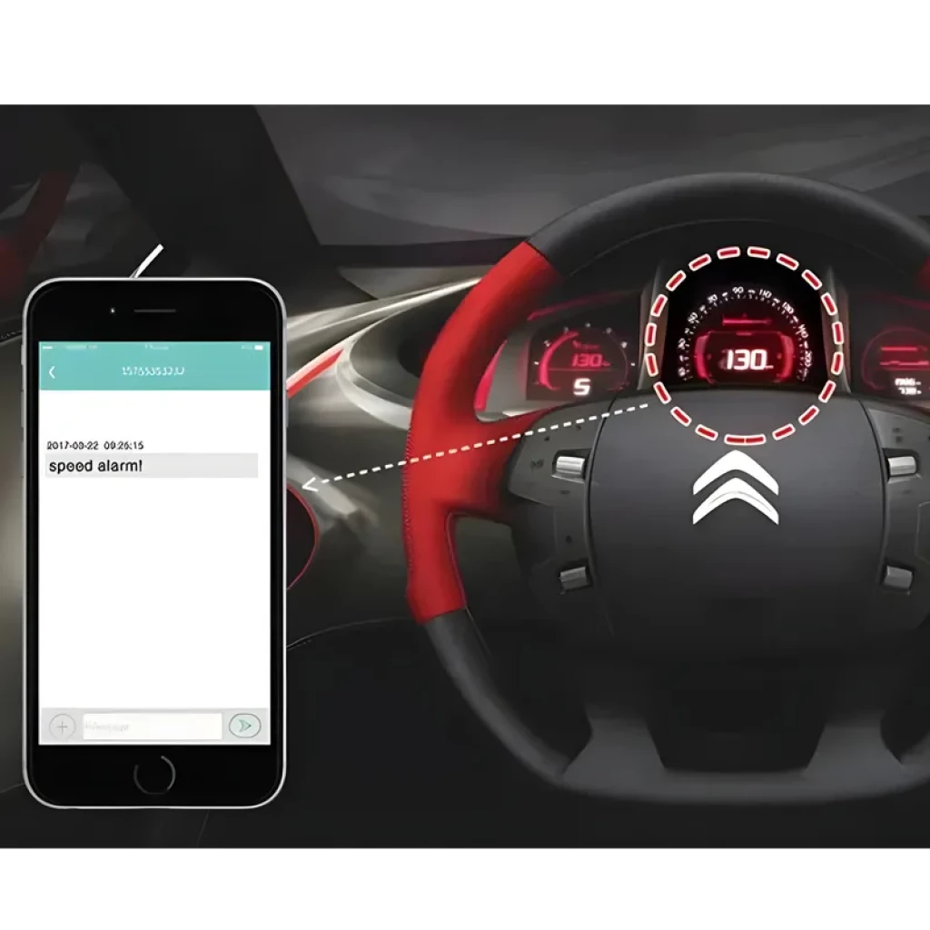 Interfaz de alerta de velocidad en smartphone junto a volante de coche con detalles rojos, indicador a 130 km/h y enfoque en control y monitoreo en tiempo real