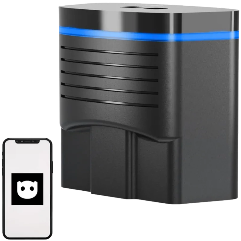 Adaptador OBD2 negro compacto con ranuras frontales y luz LED azul, conexión Bluetooth BLE; junto a smartphone con app compatible para diagnóstico VAG