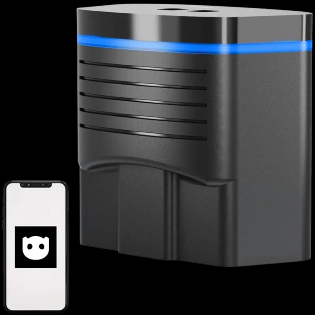 Adaptador OBD2 negro compacto con ranuras frontales y luz LED azul, conexión Bluetooth BLE; junto a smartphone con app compatible para diagnóstico VAG