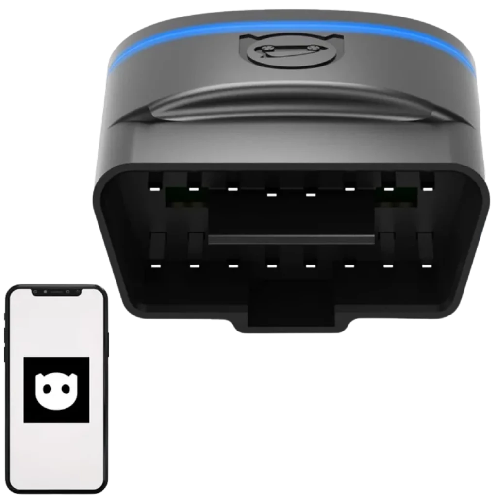 Escáner de diagnóstico OBDeleven 2 Pro Pack Codificación VAG Bluetooth BLE compacto, con LED azul y conector OBD-II; se acompaña de app móvil en smartphone