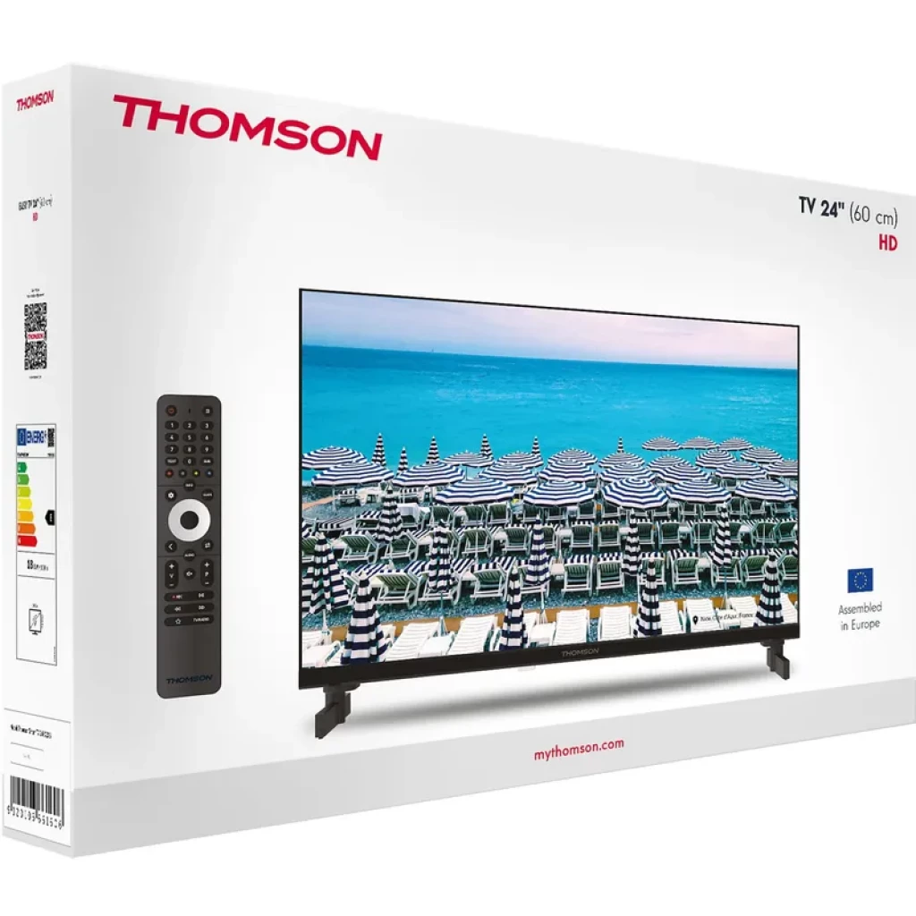 THOMSON 24HD2S13 televisor LED 24 pulgadas HD Ready con Triple Tuner. Pantalla delgada con biseles finos, peana doble y mando a distancia incluido.