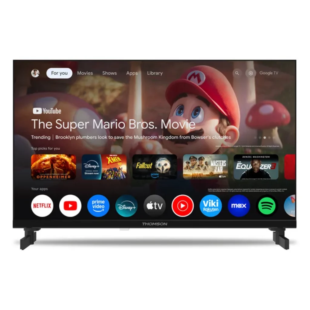 Televisor THOMSON 24 24HG2S15C con Google TV, pantalla plana sin marcos visibles, pies dobles, bisel delgado y apps destacadas como YouTube, Netflix y Prime