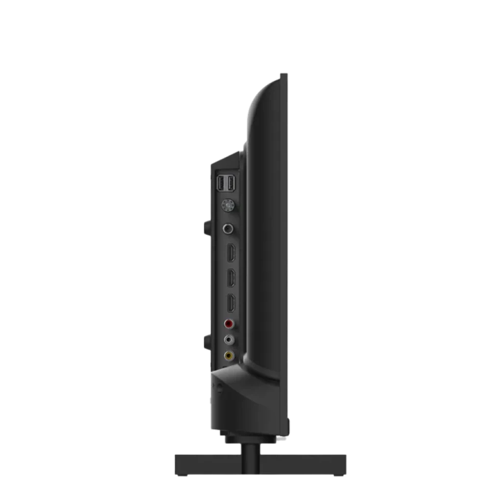 Televisor THOMSON 24 24HG2S15C Google TV, perfil lateral delgado en negro con puertos USB, HDMI, AV y antena; base estable y adaptador 12V para camper
