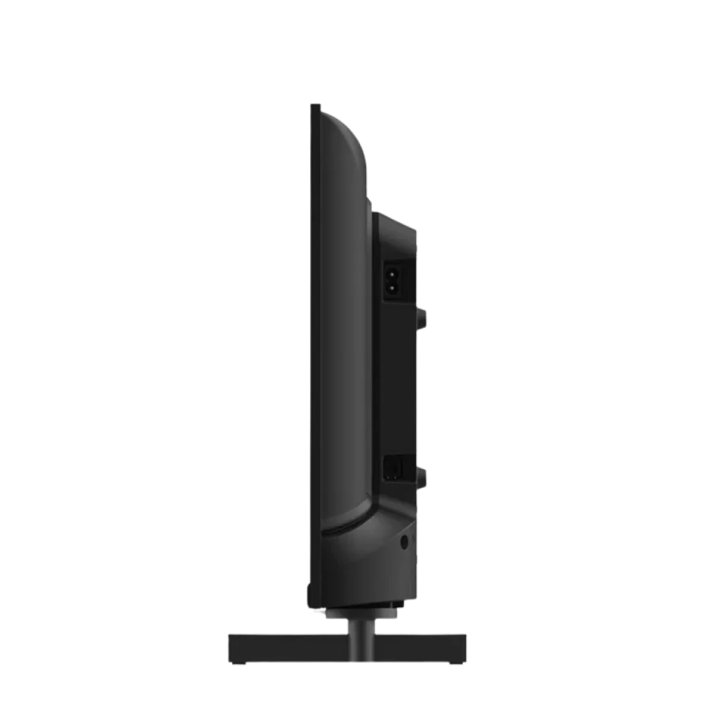 Perfil lateral de TV THOMSON 24 pulgadas, diseño delgado en negro con base central, puertos traseros accesibles y soporte para adaptador 12V para camper
