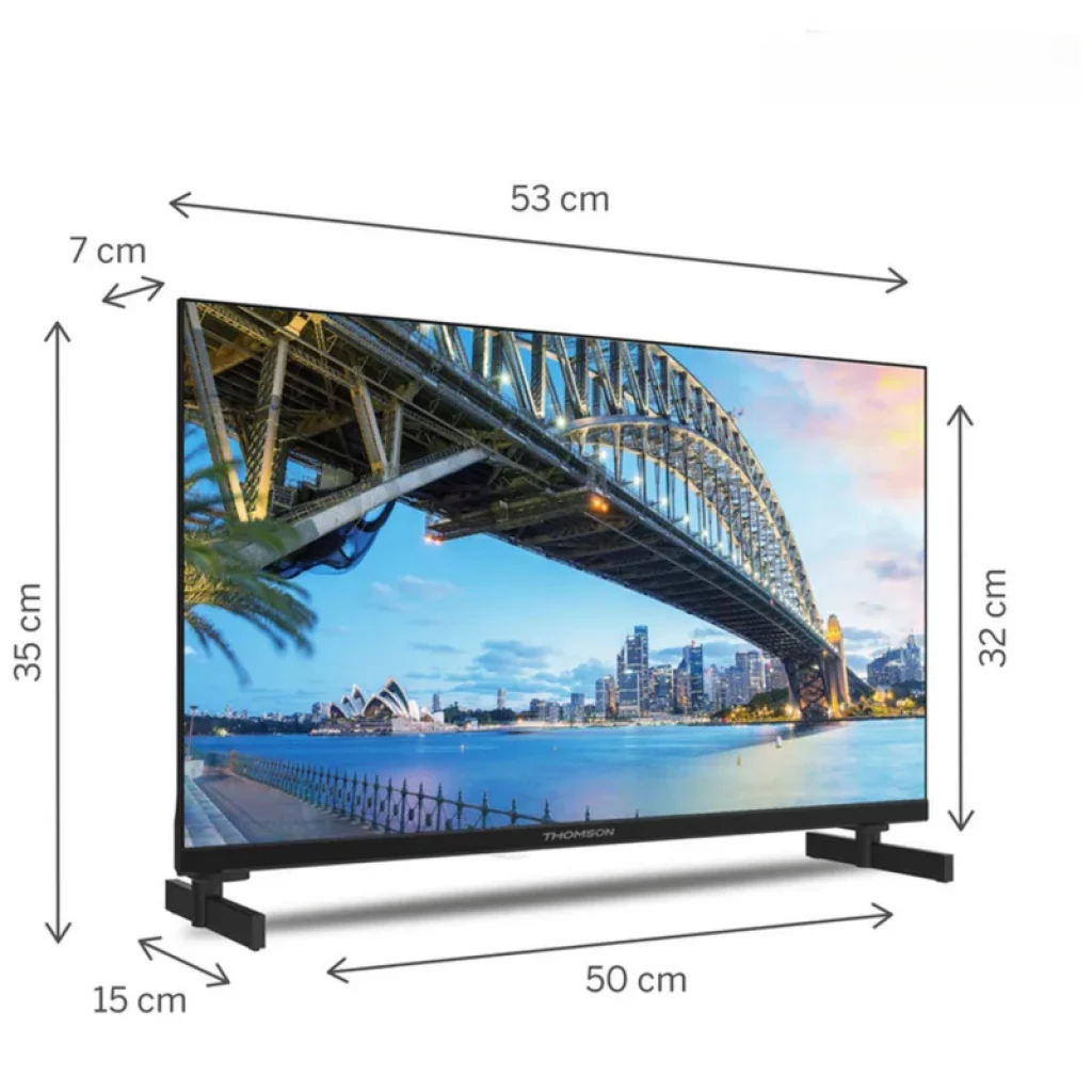 Televisor THOMSON 24 pulgadas con biseles delgados, soporte doble separado y pantalla LED mostrando ciudad y puente; medidas 53x35x7 cm y base 50x15 cm