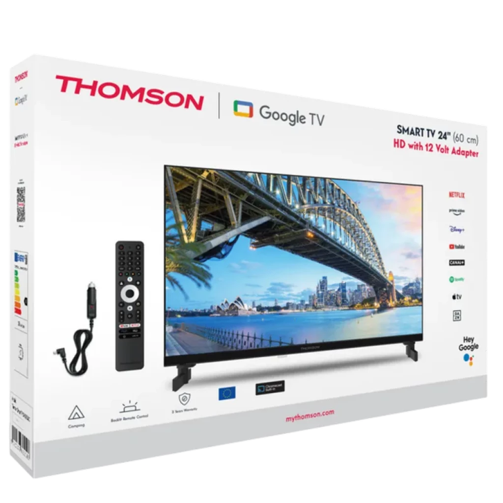 Caja de TV THOMSON 24 24HG2S15C con Google TV, pantalla HD, mando a distancia y adaptador 12V para camper, compatible Netflix y Hey Google