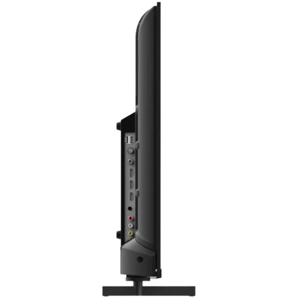 Profil latéral du téléviseur Thomson 40FD2S13 40 pouces sans cadre, écran LED Full HD, pied central, ports HDMI USB audio et vidéo accessibles sur le