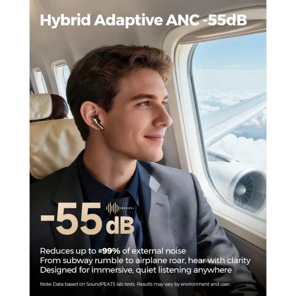 SoundPEATS Air5 Pro+ em ouvido, design elegante, ANC híbrido adaptativo até 55 dB, ideal para voo, foco no isolamento acústico e conforto