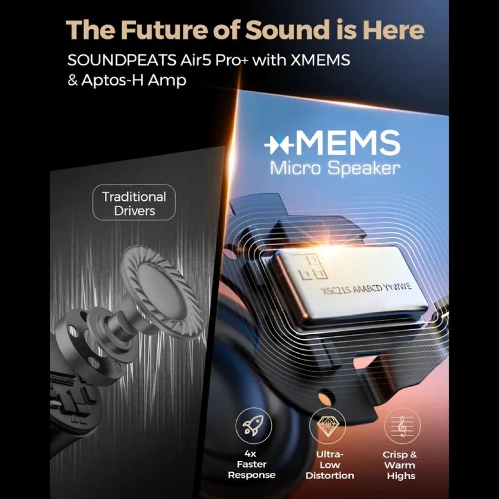 Gráfico comparativo: driver tradicional vs xMEMS Micro Speaker, destacando 4x resposta mais rápida, ultrabaixa distorção e som nítido e quente