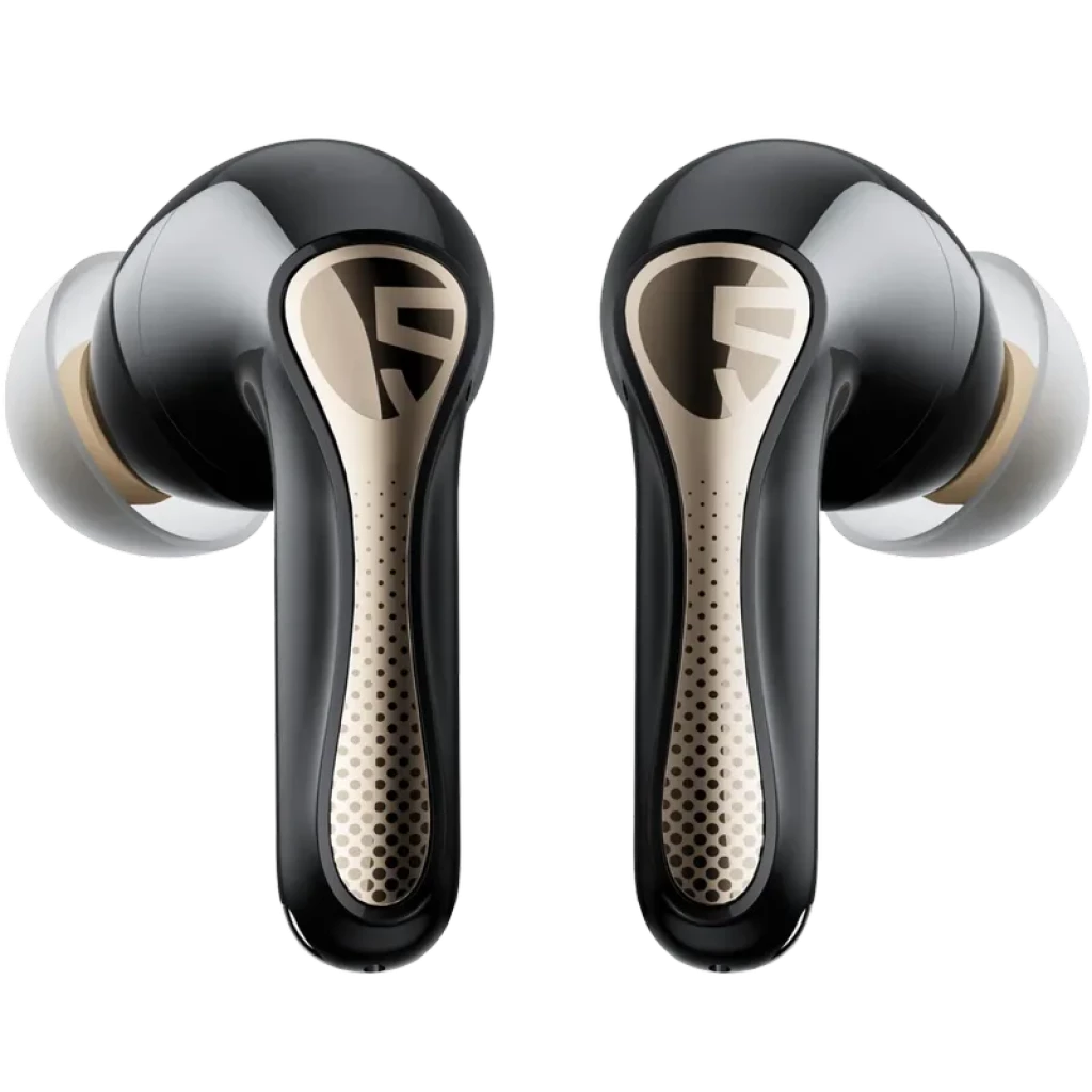 SoundPEATS Air5 Pro+ pretos com hastes curvas em dourado, logotipo S em destaque e pontas de silicone brancas; design TWS elegante e ergonômico