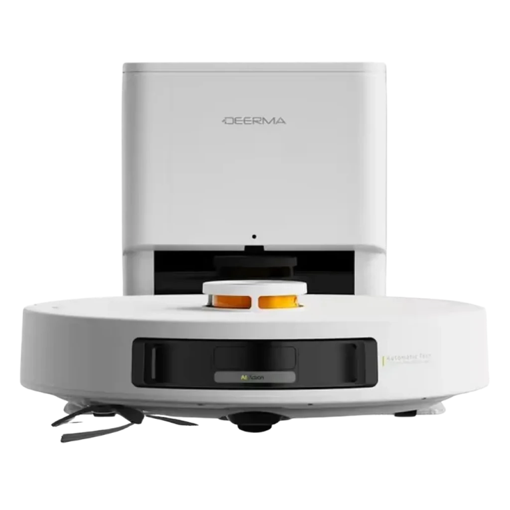 Vista frontal de la Deerma S30 Pro Plus y la base de autovaciado