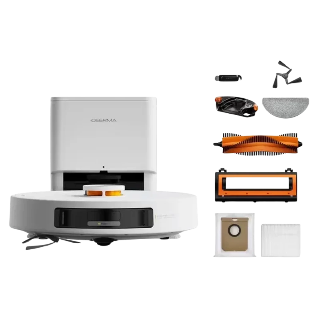 Vista frontal de la Deerma S30 Pro Plus y la base de autovaciado con los accesorios incluidos