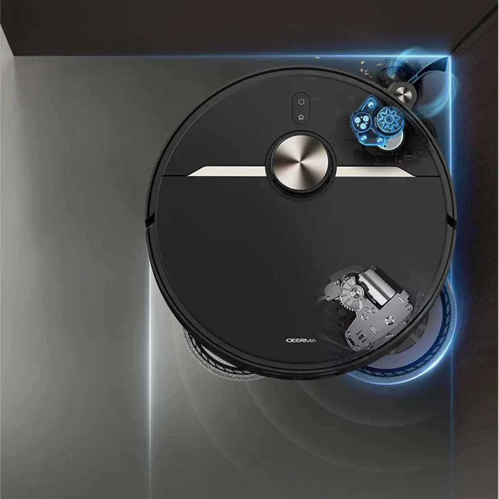 Deerma X80 Ultra robot negro con tapa metálica central, sensor frontal y módulo lateral de fregado dual giratorio iluminado en azul