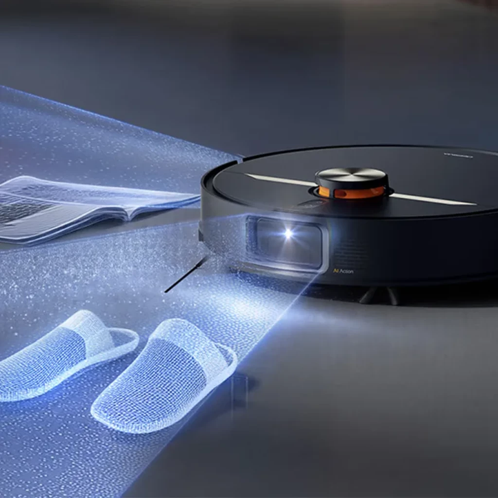 Deerma X80 Ultra robot negro con sensor frontal, proyección láser azul y módulo LiDAR superior