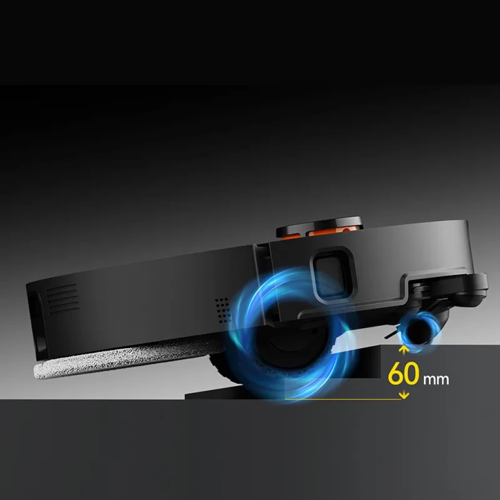 Deerma X80 Ultra Aspirador Robot: perfil lateral negro, rueda elevable 60 mm destacada en azul, módulo superior naranja y mopa de fregado visible en la base