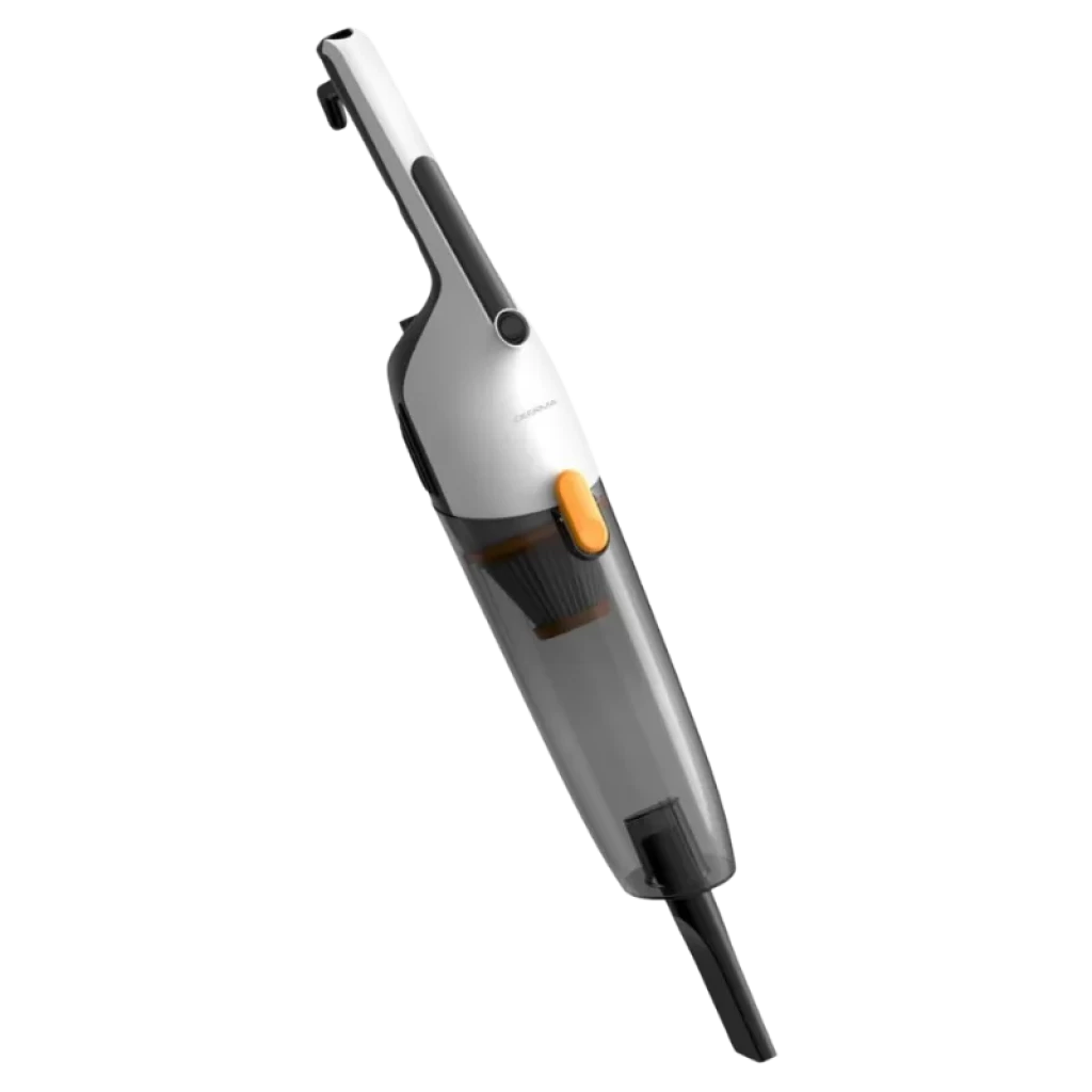 Deerma DX170 aspiradora con cable gris y blanco, diseño vertical ligero, depósito 1,7 L, boquilla estrecha para rincones, botón naranja y cuerpo transparente