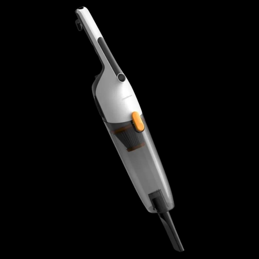 Deerma DX170 aspiradora con cable gris y blanco, diseño vertical ligero, depósito 1,7 L, boquilla estrecha para rincones, botón naranja y cuerpo transparente