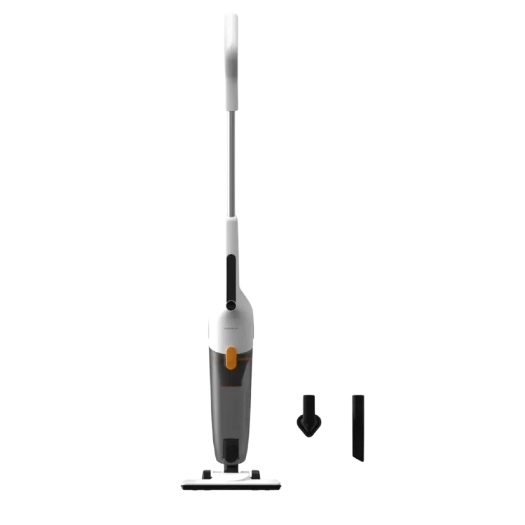 Deerma DX170 aspiradora con cable, cuerpo blanco y gris, depósito 1,7 L visible, diseño vertical delgado, cabezal ancho y dos boquillas accesorias