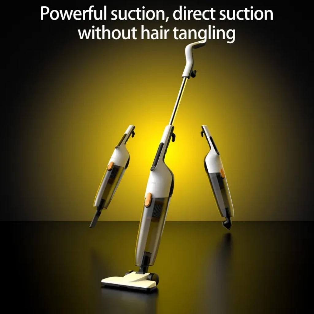 Aspiradora con cable blanca y amarilla, diseño vertical ligero, depósito transparente 1,7 L, potente succión 14000 Pa, cabezal articulado anti-enredos