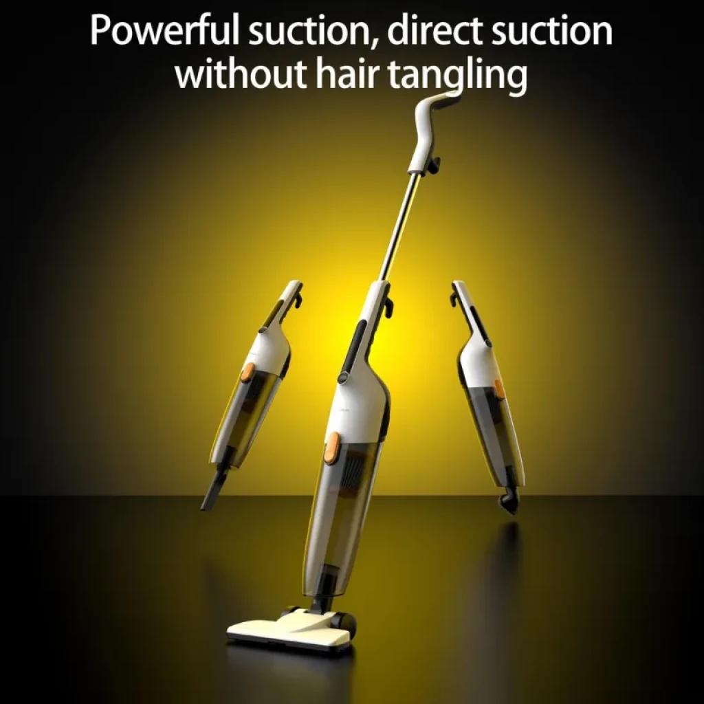 Aspiradora con cable blanca y amarilla, diseño vertical ligero, depósito transparente 1,7 L, potente succión 14000 Pa, cabezal articulado anti-enredos