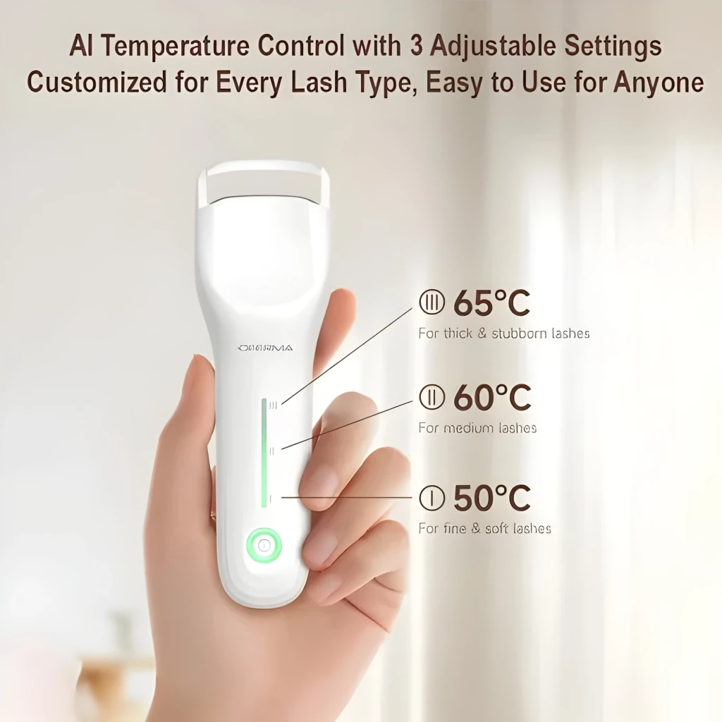 Rizador Deerma JM01 biónico con 3 ajustes térmicos: 65°C, 60°C y 50°C. Diseño ergonómico blanco, indicador LED y cabezal curvo para diferentes pestañas.