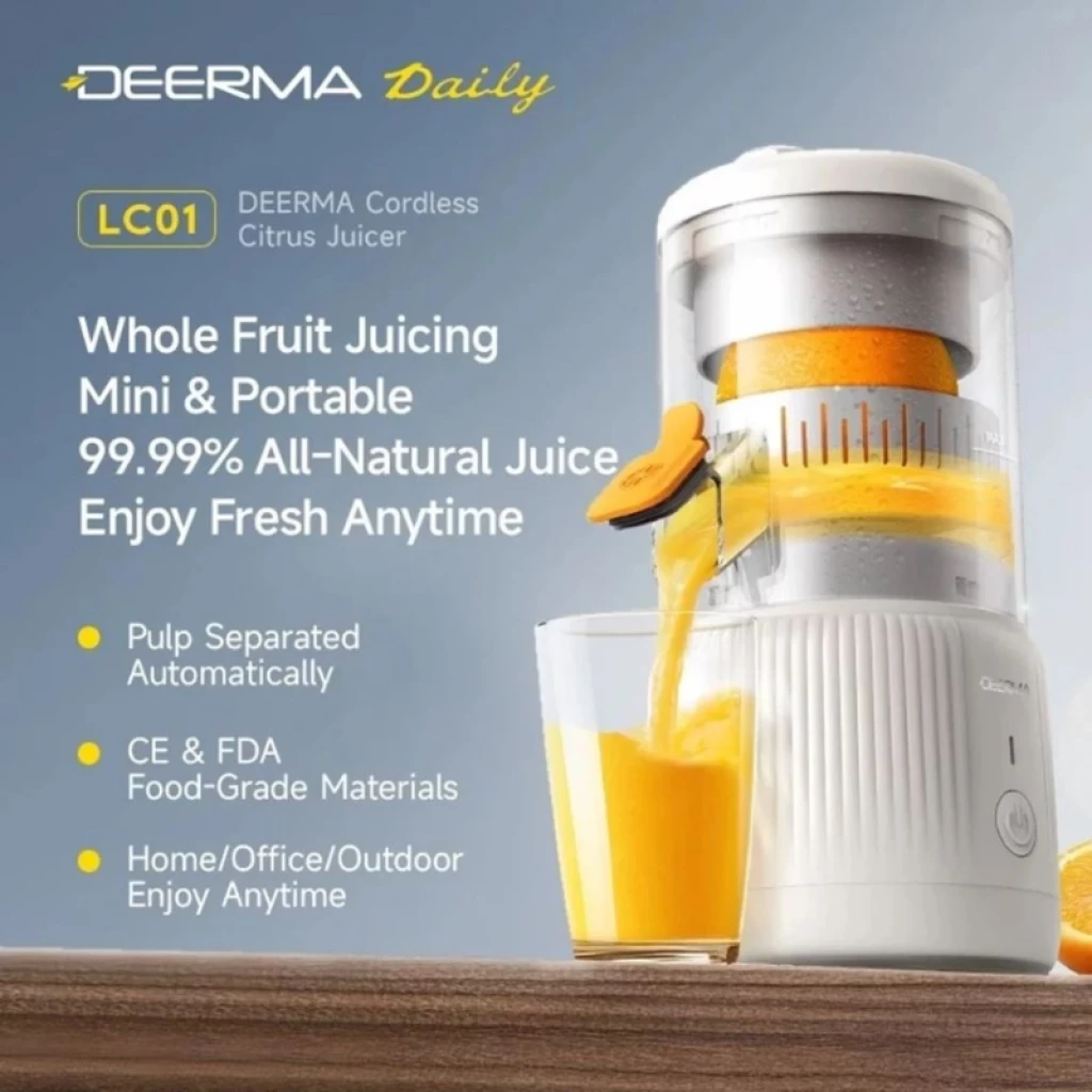 Deerma LC01 Inalámbrico Boca 110mm, exprimidor compacto con vaso transparente, filtro integrado, separación automática de pulpa y materiales grado