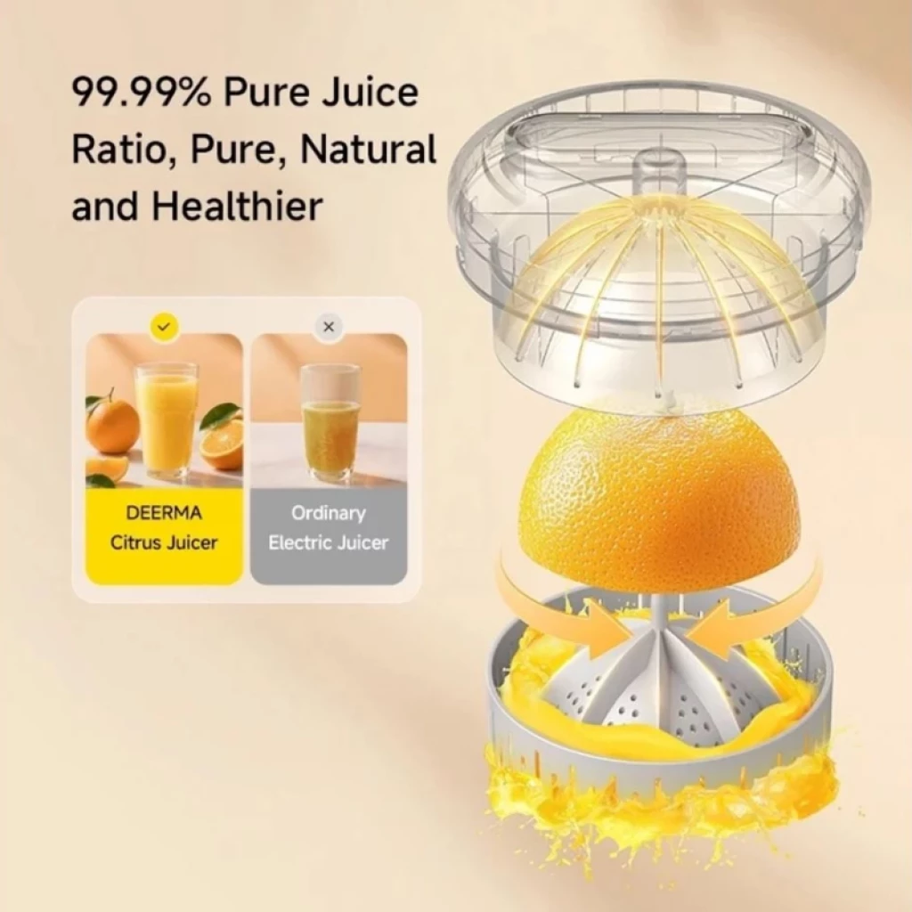 Deerma LC01 inalámbrico, boca 110 mm: tapa transparente, cono estriado y filtro con orificios finos; extrae jugo de cítricos con mínima pulpa y salpicaduras