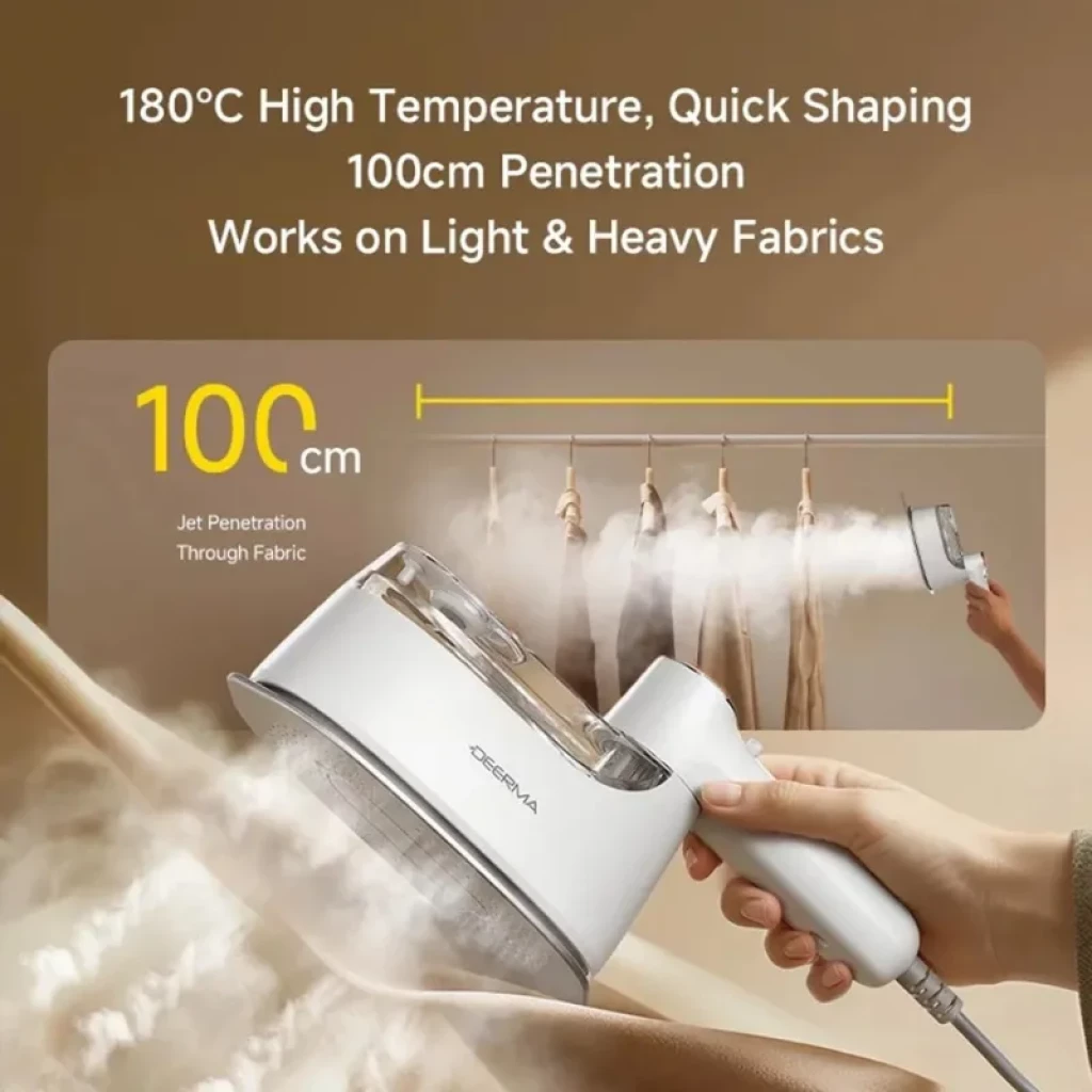 Deerma GT01 25000 Pa plancha de vapor portátil blanca con depósito transparente, chorro potente, vapor a 180 °C y alcance de 100 cm para telas ligeras