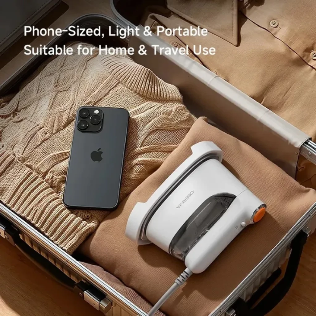 Deerma GT01 25000 Pa Plancha de Vapor Portátil compacta del tamaño de un teléfono, color blanco, depósito translúcido y dial naranja, ideal para viaje y