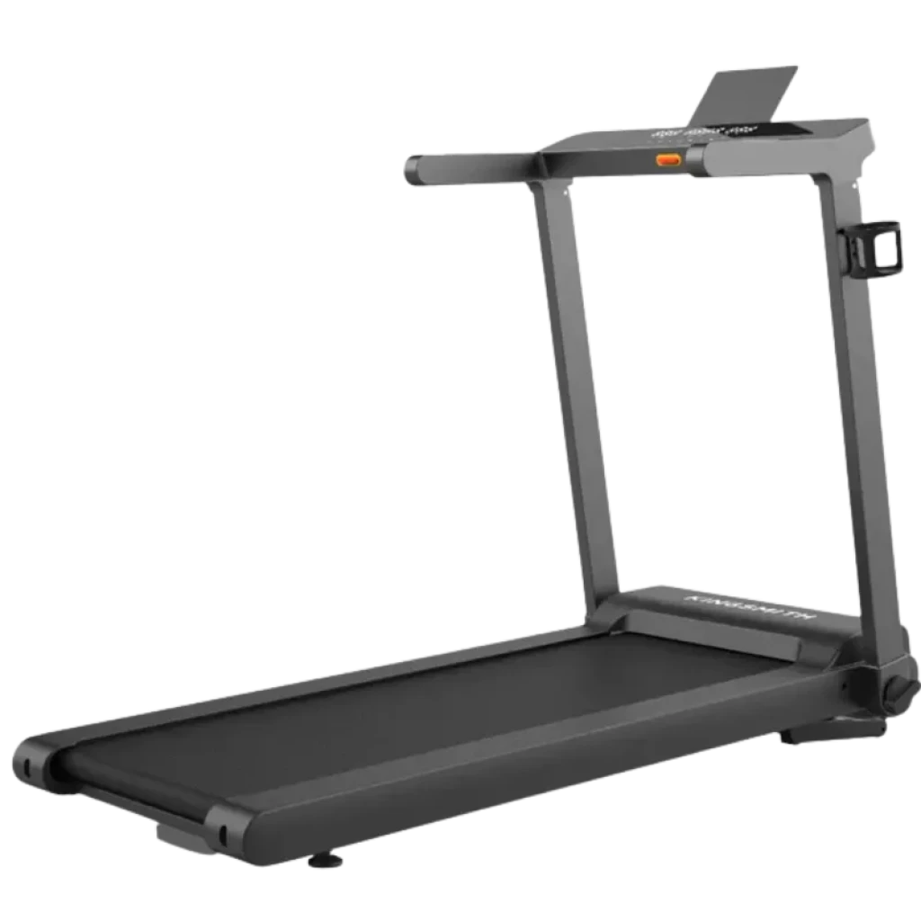 Cinta de correr plegable gris con pantalla integrada, soporte para botella y teléfono, barandales robustos, base ancha antideslizante y ruedas de transporte