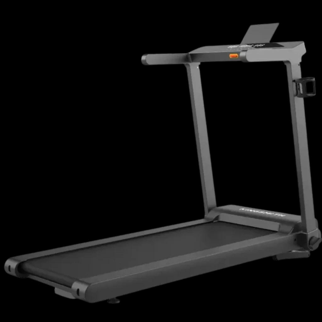 Cinta de correr plegable gris con pantalla integrada, soporte para botella y teléfono, barandales robustos, base ancha antideslizante y ruedas de transporte