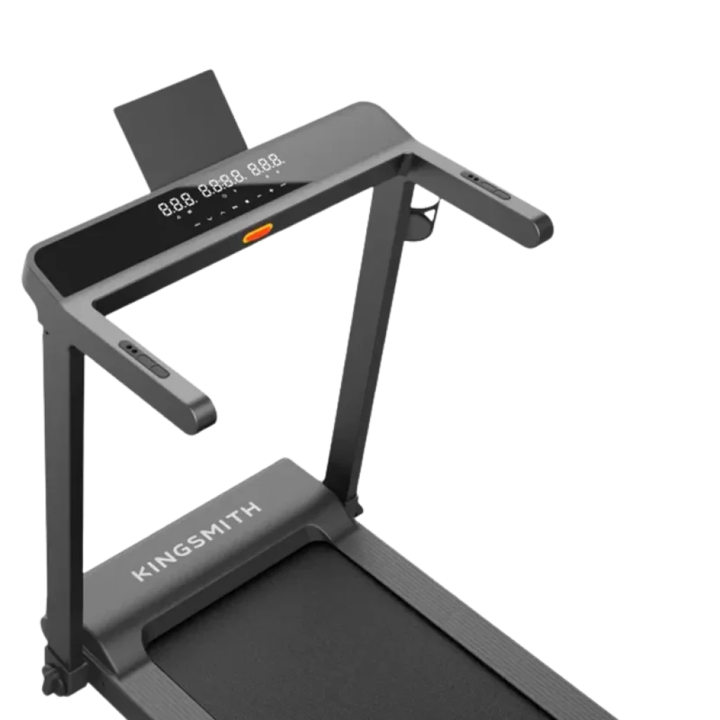 Panel de control del Kingsmith WalkingPad CLS460 con pantalla LED, pasamanos robustos y soporte para tablet; diseño plegable y cinta ancha en color negro