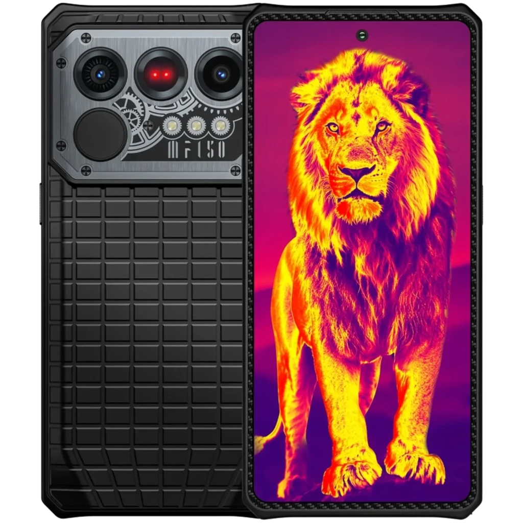 Smartphone robusto negro con panel trasero texturizado, módulo de cámaras triple con detalles metálicos y frontal con pantalla AMOLED mostrando león en