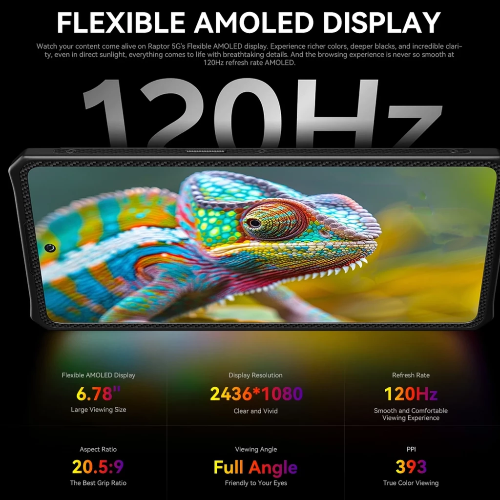 Écran AMOLED flexible 6,78 pouces 120 Hz, Full Angle, 2436x1080, couleurs vives et noirs profonds, finesse 20:9, 393 ppi, bords fins et design robuste