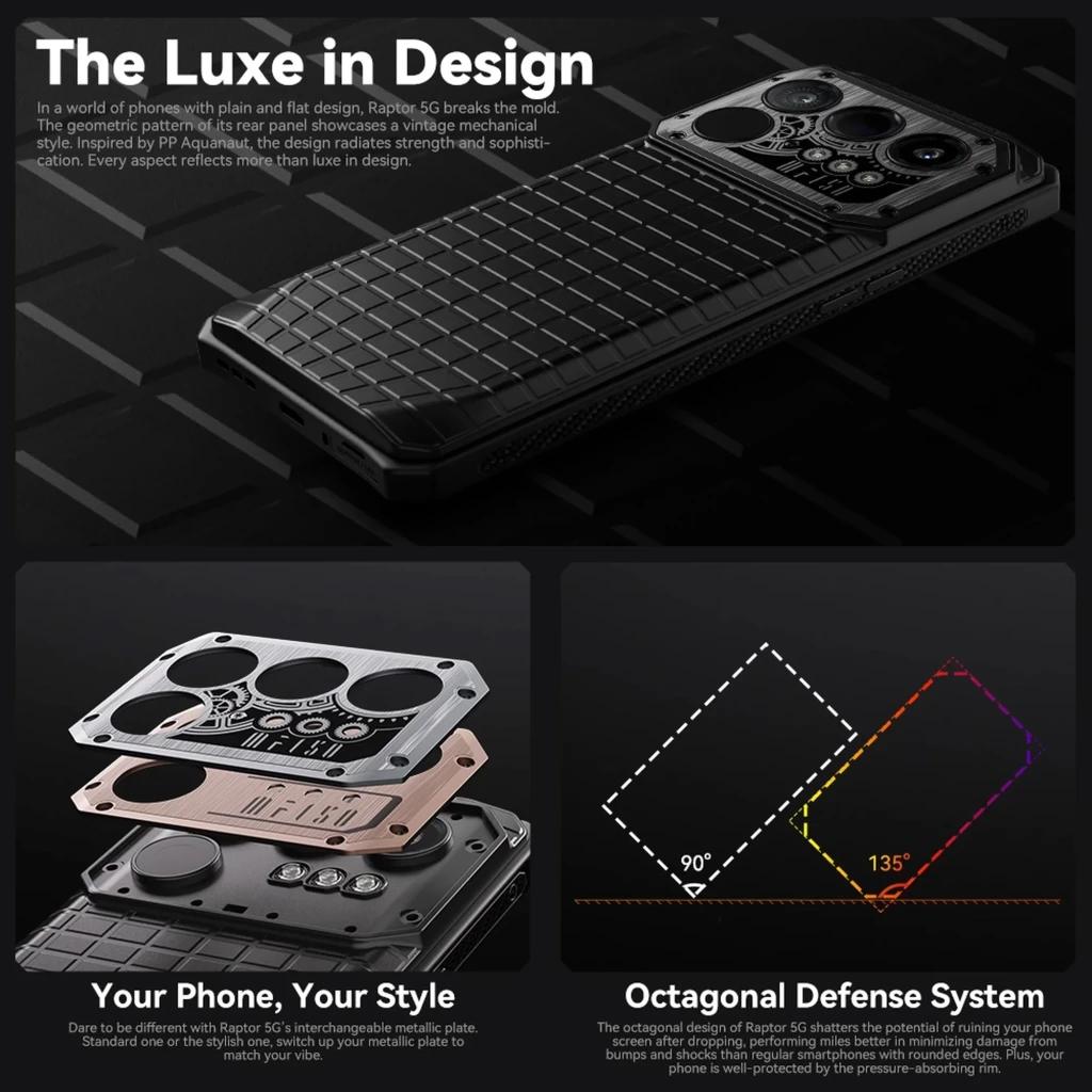 Coque arrière du iiiF150 Raptor 5G au motif hexagonal, module photo triple proéminent, bords métalliques robustes et vis apparentes pour un style industriel