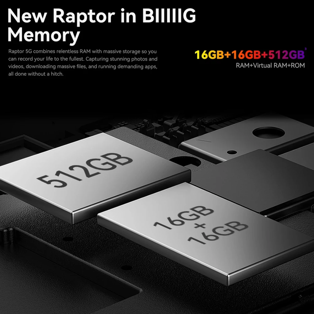Module mémoire du iiiF150 Raptor 5G mis en avant: 512Go de stockage et 16Go RAM + 16Go virtuels, design chipset métallique noir, texte jaune et violet