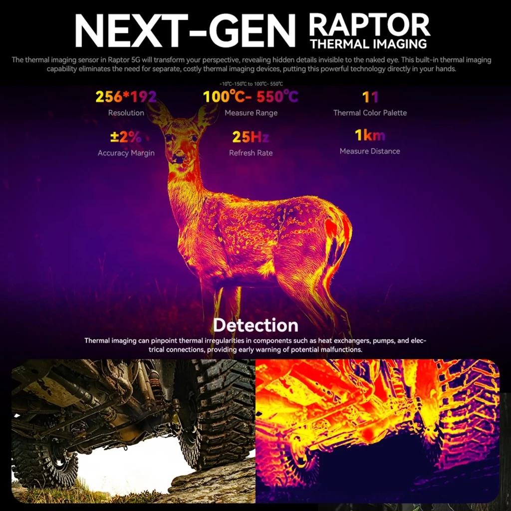 Caméra thermique Raptor 5G affichant un cerf en imagerie infrarouge, palette 11 couleurs, résolution 256x192, détection 100°C à 550°C, portée 1 km