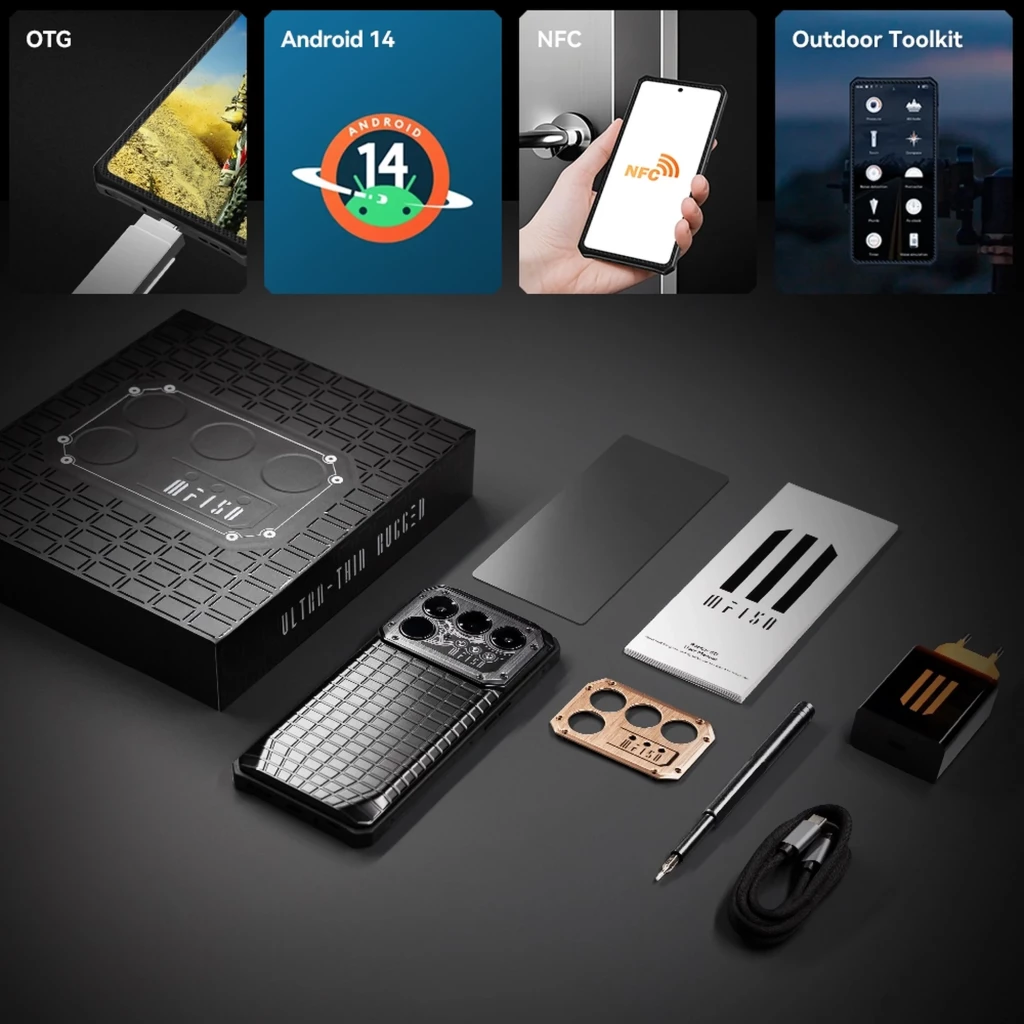 Boîte du iiiF150 Raptor 5G avec coque texturée, triple module caméra proéminent, film de protection, plaques décoratives, tournevis, chargeur et câble USB