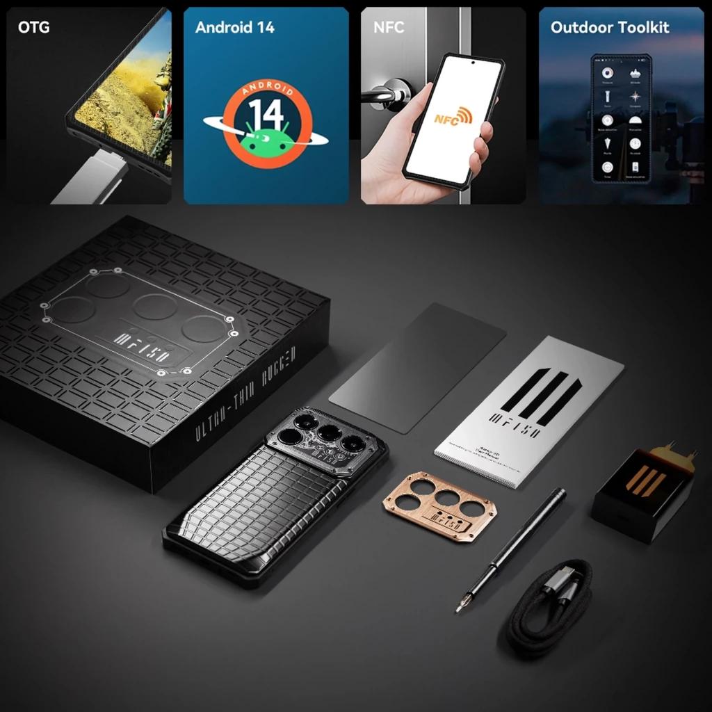 Boîte du iiiF150 Raptor 5G avec coque texturée, triple module caméra proéminent, film de protection, plaques décoratives, tournevis, chargeur et câble USB