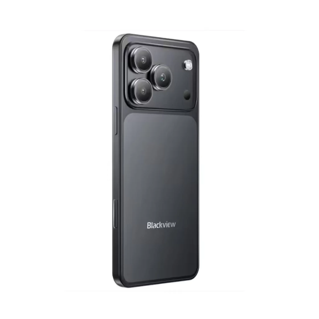 Blackview WAVE 7C negro con módulo trasero grande de triple cámara y flash, acabado mate elegante, bordes rectos y diseño minimalista y moderno