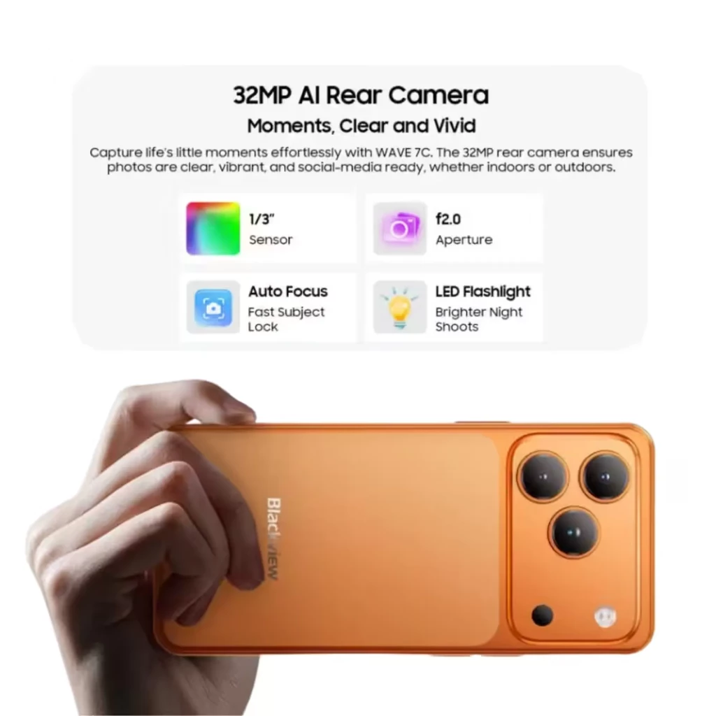 Blackview WAVE 7C negro con cámara trasera triple 32 Mpx, flash LED y diseño elegante; se muestra en mano en color naranja con lente principal destacado