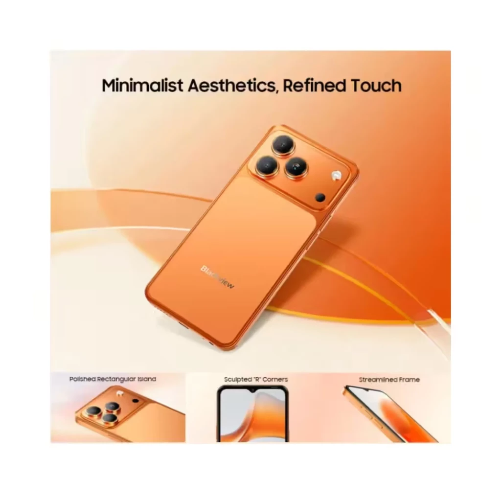 Blackview WAVE 7C naranja con triple cámara trasera grande, módulo rectangular pulido, esquinas redondeadas y marco estilizado; acabado brillante elegante